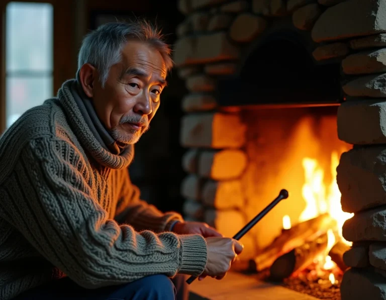 山小屋で薪をくべる男性のAI画像プロンプト作例