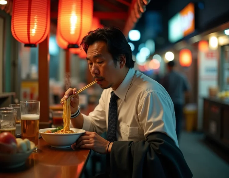 夜の屋台でラーメンを啜るサラリーマンのAI画像プロンプト作例
