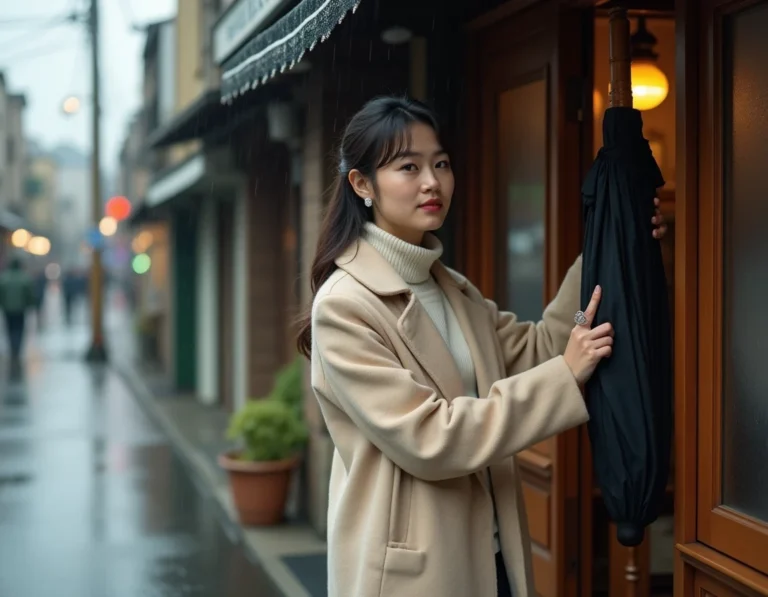 雨の傘屋で傘を選ぶ女性のAI画像プロンプト作例